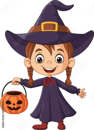 Little girl wearing witch costume holding pumpkin bucket