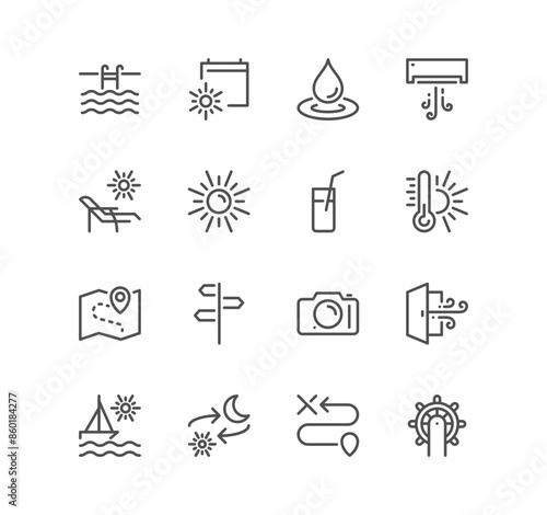 Set of travel and vacation related icons, sun bed, swimming pool, rudder, direction sign, boat, route, wind, camera, sun, beach elements and linear variety vectors.	
