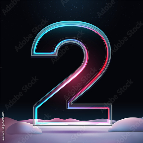 3D number 2 with neon light insight. Glass symbol with sparkles and winter background. Futuristic holiday decoration. Element for design poster, advertisign or game