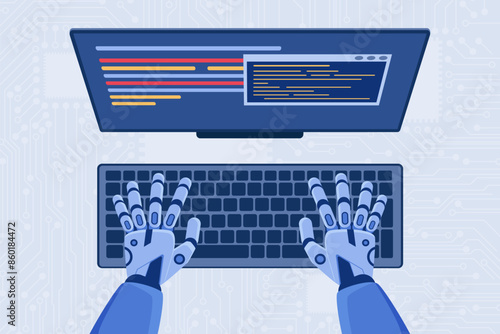 Code automation development, programming using AI, top view of coding robot hands. Cyborg sitting at computer desk, writing code for software or mobile application cartoon vector illustration