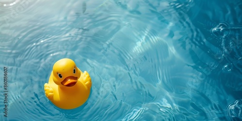 Vibrant Yellow Rubber Duck Floating in Bright Blue Pool Water with Ripples photo