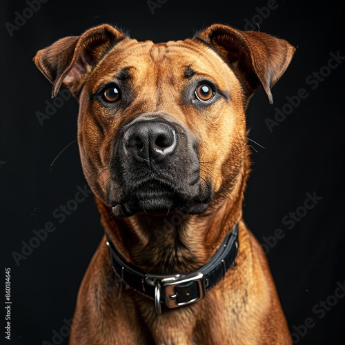 a dog with a dog collar looking at the camera