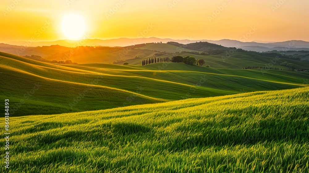 Stunning sunrise over rolling green hills and lush fields. Beautiful nature landscape at dawn with vibrant colors. Perfect for background, wallpaper, and inspirational content. AI Stunning sunrise over rolling green hills and lush fields. Beautiful nature landscape at dawn with vibrant colors. Perfect for background, wallpaper, and inspirational content. AI