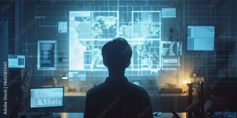Person Analyzing Data on Digital Screens in High-Tech Office with Global Map Display Person Analyzing Data on Digital Screens in High-Tech Office with Global Map Display