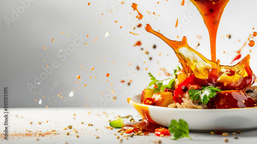 Dynamic splash of orange sauce over a fresh vegetable dish, creating an explosion of color and movement against a neutral background.
