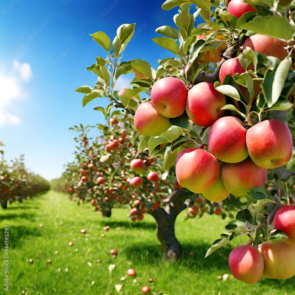 Fototapeta premium An apple tree laden with ripe apples, set in a lush green orchard under a clear blue sky, Generative AI