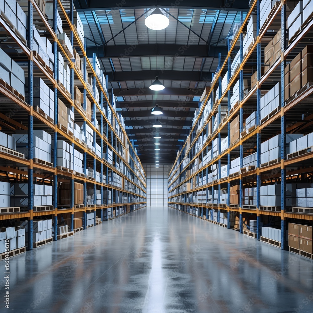 Fototapeta premium Large Warehouse Interior With Rows Of Metal Shelving And Storage Boxes