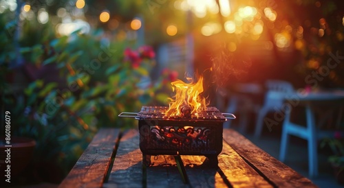 Backyard Grill With Flames Burning at Sunset