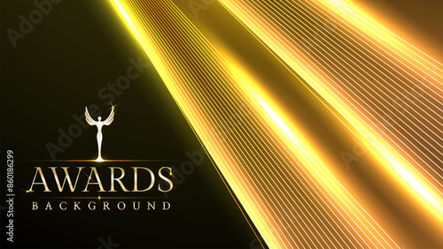 Golden awards background. Jubilee night decorative invitation. Trophy on stage platform with spotlight. Wedding entertainment hollywood bollywood night. Elegant luxury steps floor. Film awards.