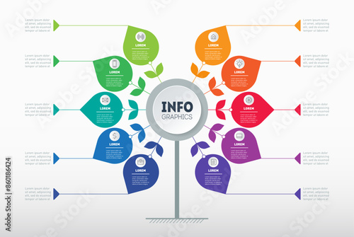 Tree. Template of diagram or brochure on light background. Information chart or infographic of technology or education process with 10 options. Business infograph concept with ten steps.