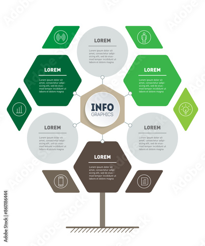 Infographics with 3 active options plus three additional ones, research in science and technology. Sustainable development and growth of the eco business. Green Business concept with 3 steps or points