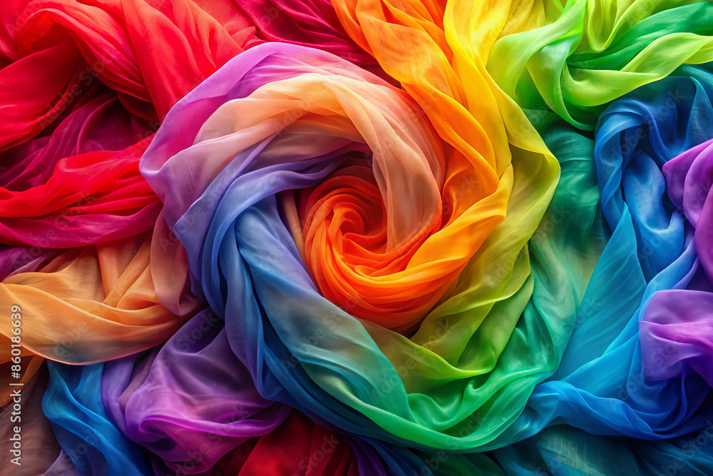 A close up of a vibrant rainbowcolored fabric swirled in a pattern A close up of a vibrant rainbowcolored fabric swirled in a pattern