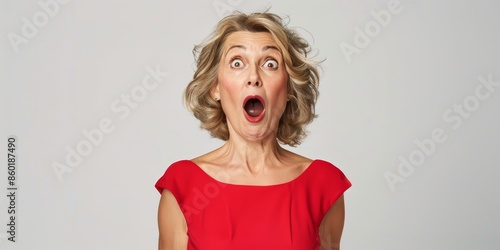 A surprised woman wearing a red dress with her mouth open and her eyes wide.