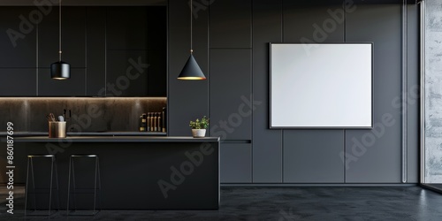 Blank frame in minimal dark kitchen interior. 3d render photo