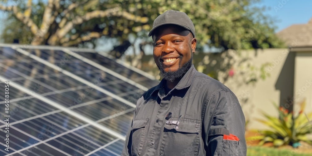 Smiling man standing in front of solar panels. Smiling man standing in front of solar panels.