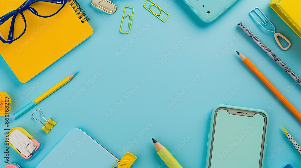 Bright and minimalist office supplies on a light blue background. This vibrant flat lay, featuring essential stationery such as a mobile phone, pencils, glasses, and an eraser, offers ample copy space Bright and minimalist office supplies on a light blue background. This vibrant flat lay, featuring essential stationery such as a mobile phone, pencils, glasses, and an eraser, offers ample copy space