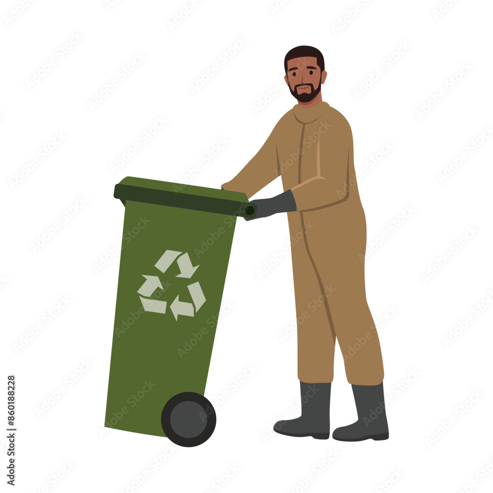 Young garbage collector carrying garbage waste rubbish bin. Flat vector illustration isolated on white background Young garbage collector carrying garbage waste rubbish bin. Flat vector illustration isolated on white background