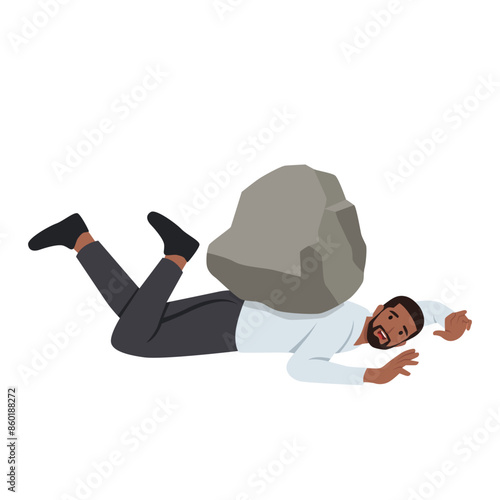 Bearded businessman with his head squeezed between a rock. Flat vector illustration isolated on white background