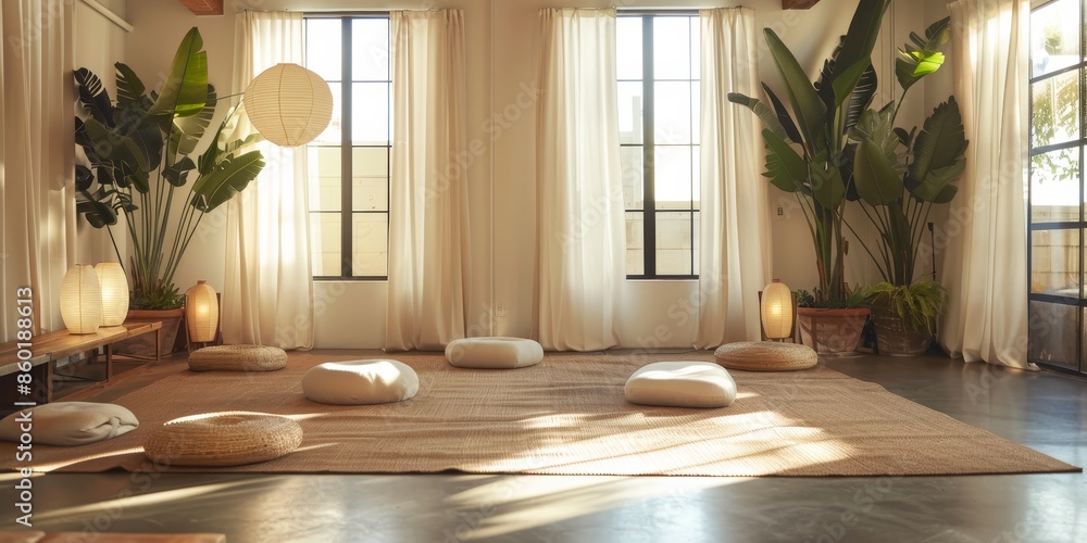 The room is filled with pillows and plants. The windows are covered with white curtains. The room is bathed in sunlight. The room is filled with pillows and plants. The windows are covered with white curtains. The room is bathed in sunlight.