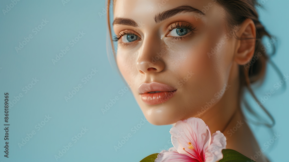 Portrait of beautiful sensual woman with bared shoulders with flower looking at camera with tenderness isolated over light background Concept of spa female health spa and cosmetics : Generative AI Portrait of beautiful sensual woman with bared shoulders with flower looking at camera with tenderness isolated over light background Concept of spa female health spa and cosmetics : Generative AI