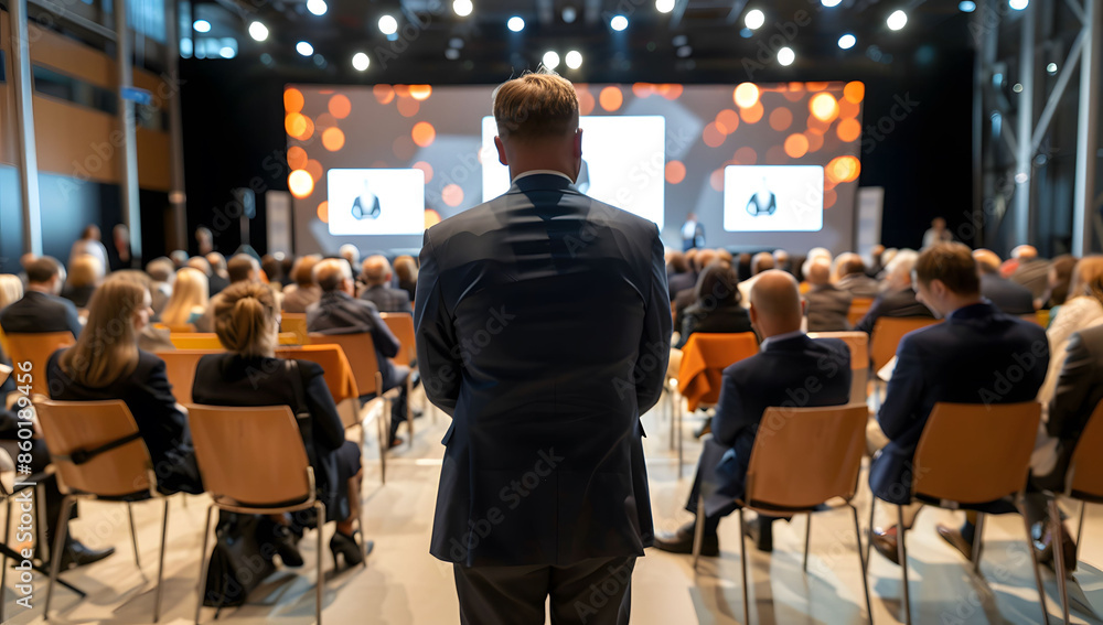 A large group of people sitting in an auditorium or conference room, listening to someone giving a presentation on stage with an over the shoulder perspective. A large group of people sitting in an auditorium or conference room, listening to someone giving a presentation on stage with an over the shoulder perspective.