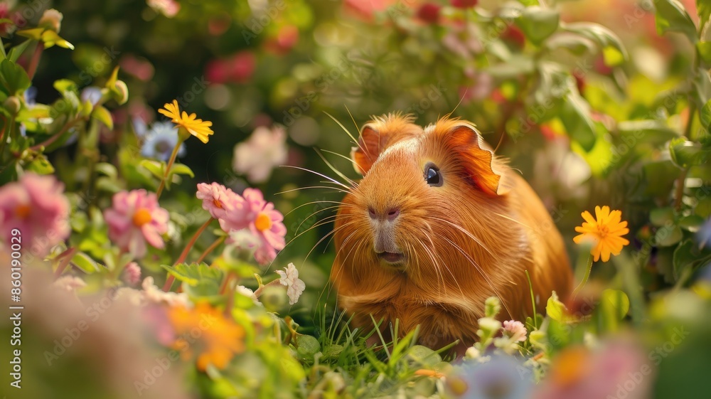 Guinea pig among colorful flowers in sunny garden Guinea pig among colorful flowers in sunny garden