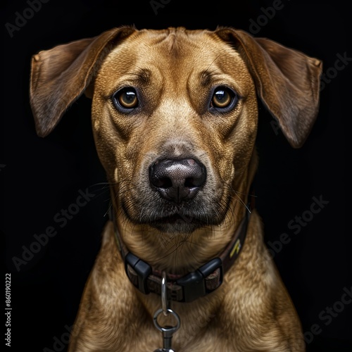 a dog with a dog collar looking at the camera