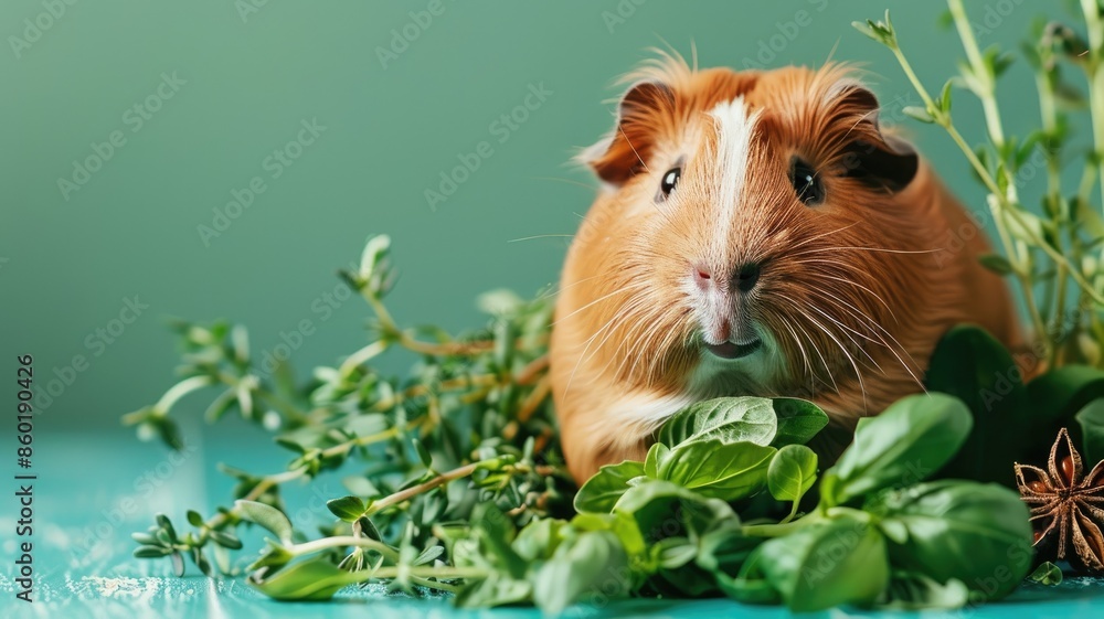 Brown-and-white guinea pig surrounded by green leafy plants Brown-and-white guinea pig surrounded by green leafy plants
