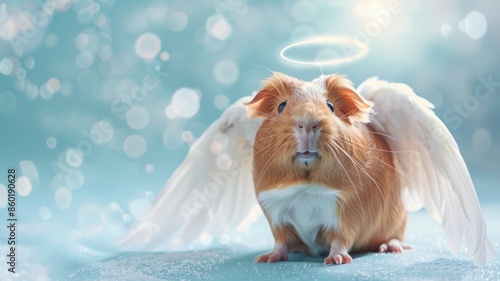 Cute guinea pig with angel wings and halo against dreamy background photo
