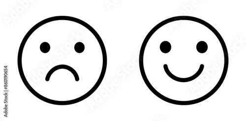 Happy and sad emoji vector icon. Face smile icon positive, negative neutral opinion vector signs symbol. Simple flat shape happy and sad emotion logotype. Vector illustration.