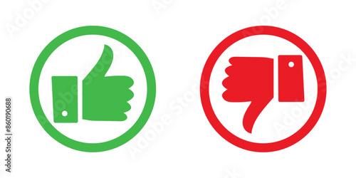 Thumb up and thumb down symbol. Positive and negative choice. Isolated illustration of like or dislike decision. Thumbs up and down flat icon in circle shapes.