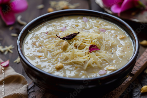 Famous Indian dessert sheer kurma or semiya payasam topped with dry fruits and nuts.