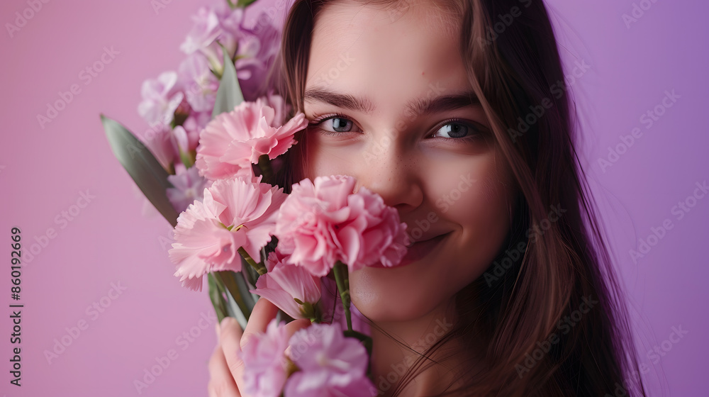 Portrait of nice cute cheerful girl holding in hands pink flowers isolated over bright violet color background : Generative AI Portrait of nice cute cheerful girl holding in hands pink flowers isolated over bright violet color background : Generative AI