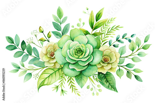 Beautiful green watercolor flowers painted on white. Artistic watercolor flowers are set against a transparent background.