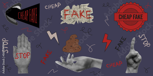 Set of isolated Cheap Fake Halftone element. Nostalgia symbol collection. Business retro vector aesthetic. EPS 10