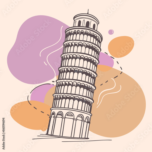 Leaning Tower of Pisa Italy illustration style of flying blobs