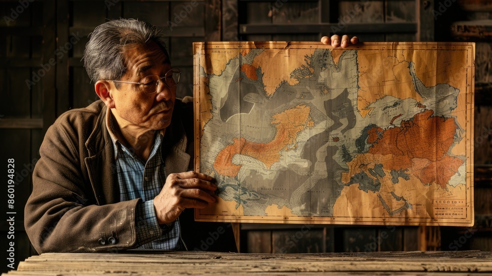 Elderly Asian man showing antique map in dimly lit room Elderly Asian man showing antique map in dimly lit room