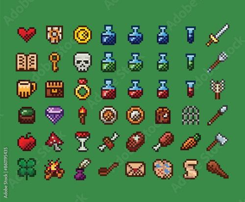 Pixel art vector retro video game icons interface set. Weapon, food, item, potion, magic, sword, shield