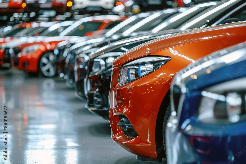 Lots of factory-fresh cars parked and waiting to be sold. Concept of manufacturing business technology production. Lots of factory-fresh cars parked and waiting to be sold. Concept of manufacturing business technology production.