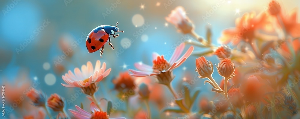 Ladybug on four-leaf clover glowing in golden sunlight, symbolizing good luck and prosperity. Ladybug on four-leaf clover glowing in golden sunlight, symbolizing good luck and prosperity.