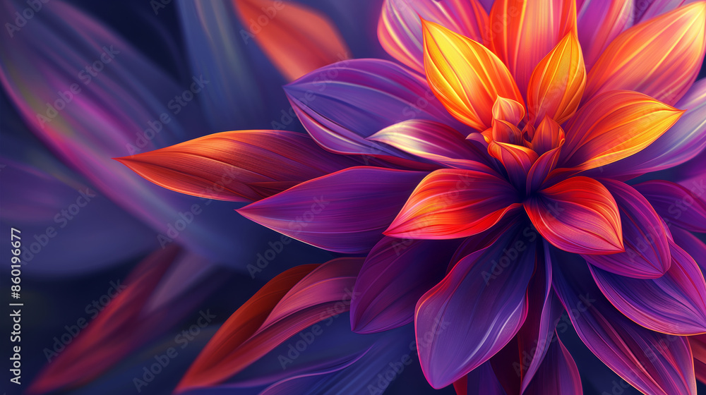 A colorful flower with a purple stem and orange petals. The flower is surrounded by a blue background A colorful flower with a purple stem and orange petals. The flower is surrounded by a blue background