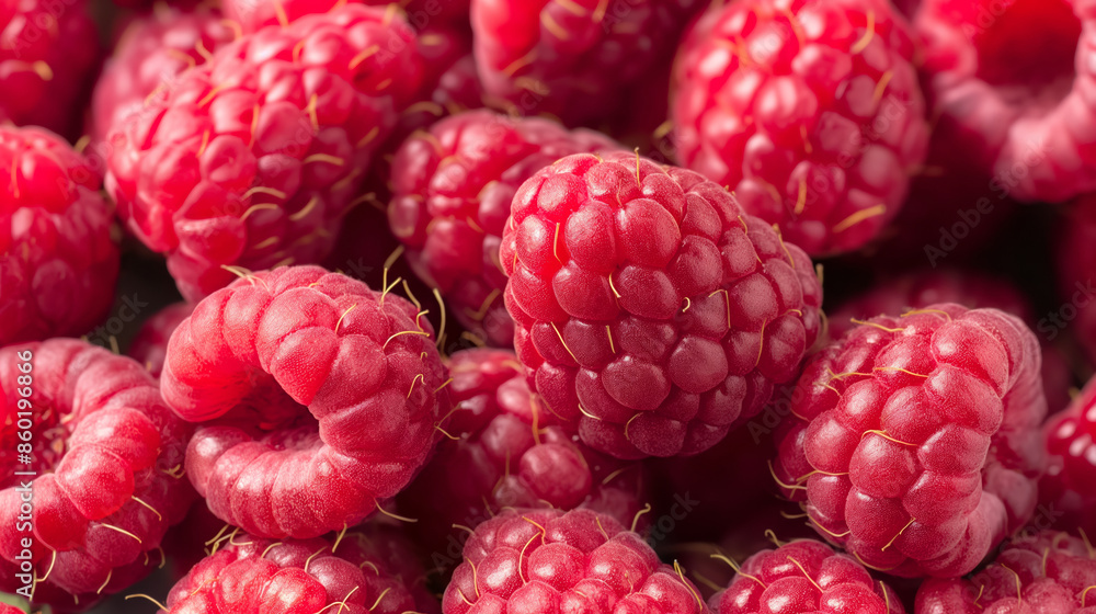 A bunch of red raspberries are piled on top of each other. The raspberries are ripe and ready to be eaten A bunch of red raspberries are piled on top of each other. The raspberries are ripe and ready to be eaten