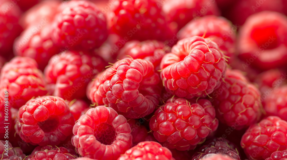 A bunch of red raspberries are piled on top of each other. The raspberries are ripe and ready to be eaten A bunch of red raspberries are piled on top of each other. The raspberries are ripe and ready to be eaten