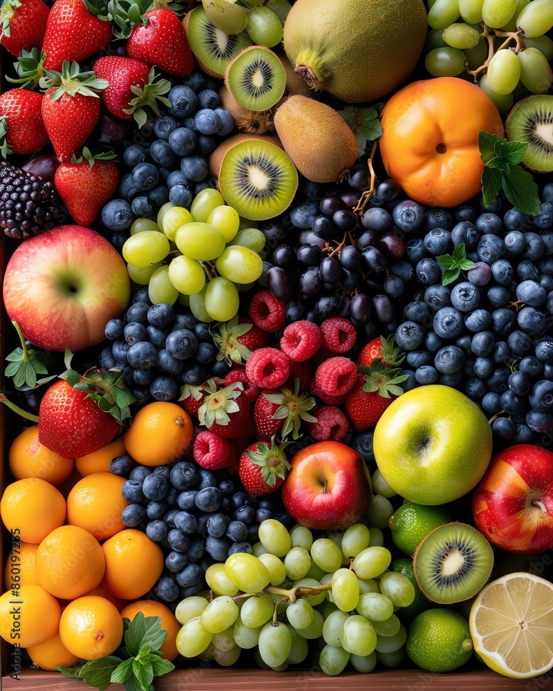 Assortment of delicious fresh fruits including apples, kiwi, grapes, berries, and oranges. Vibrant and colorful mix for healthy eating. Assortment of delicious fresh fruits including apples, kiwi, grapes, berries, and oranges. Vibrant and colorful mix for healthy eating.