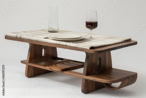 Wooden Table with  Wine Glass and Plates photo