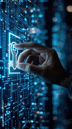Hand touching a digital lock on a virtual screen, symbolizing online security, data protection, and technology advancements.