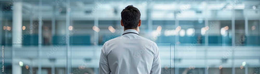 Rear view of a doctor wearing a white coat standing in a modern building with glass panels, symbolizing professionalism and expertise. Rear view of a doctor wearing a white coat standing in a modern building with glass panels, symbolizing professionalism and expertise.