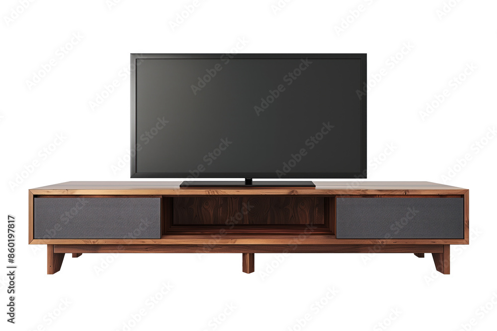 Modern TV on a Wooden TV Console Isolated on Transparent Background Modern TV on a Wooden TV Console Isolated on Transparent Background