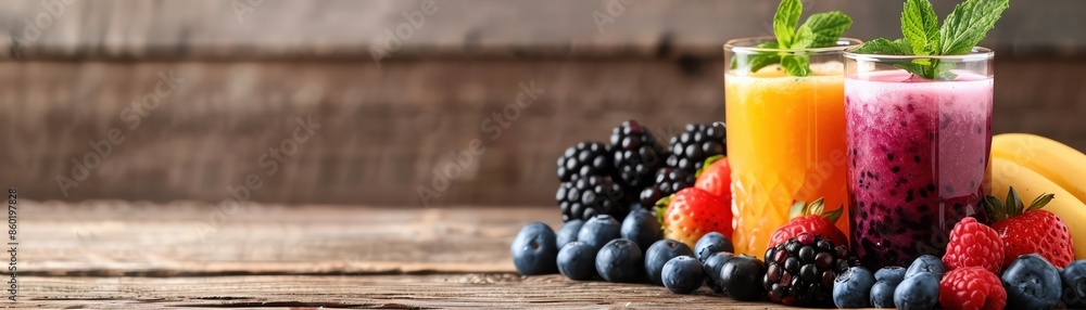 Refreshing fruit smoothies and fresh berries on a rustic wooden table. Healthy beverages with vibrant colors and natural ingredients. Refreshing fruit smoothies and fresh berries on a rustic wooden table. Healthy beverages with vibrant colors and natural ingredients.