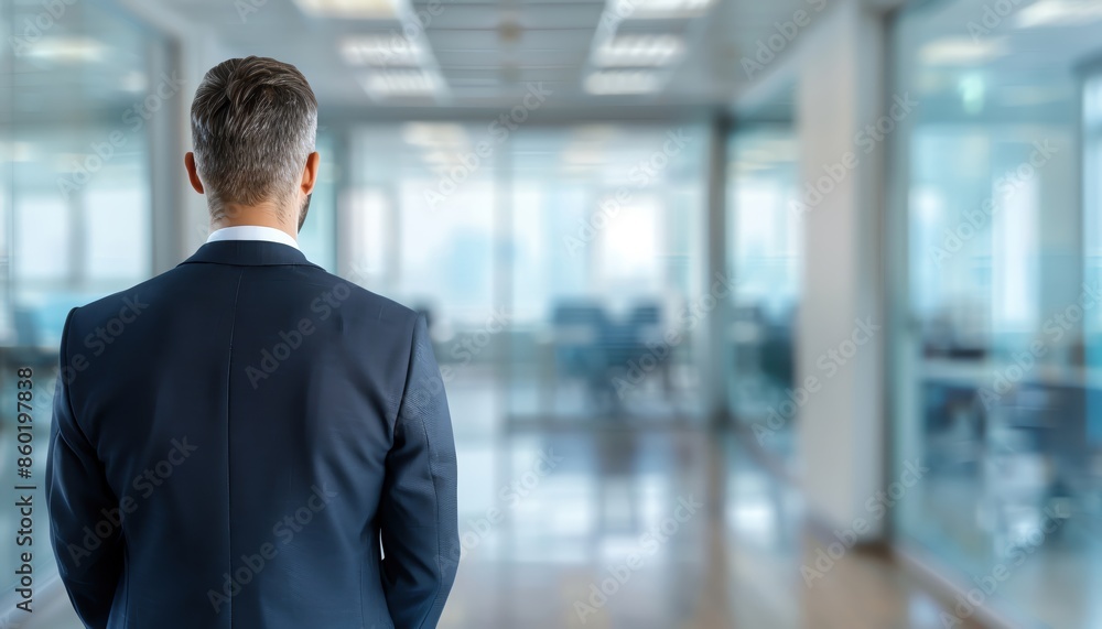 Rear view of a businessman standing in a modern office hallway, looking towards a glass-walled conference room, symbolizing leadership and success.